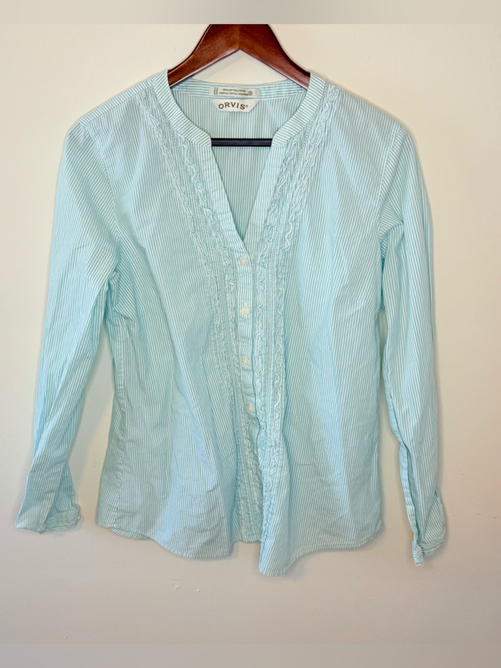 Orvis Ruffled Striped Long Sleeve Button Down Shirt